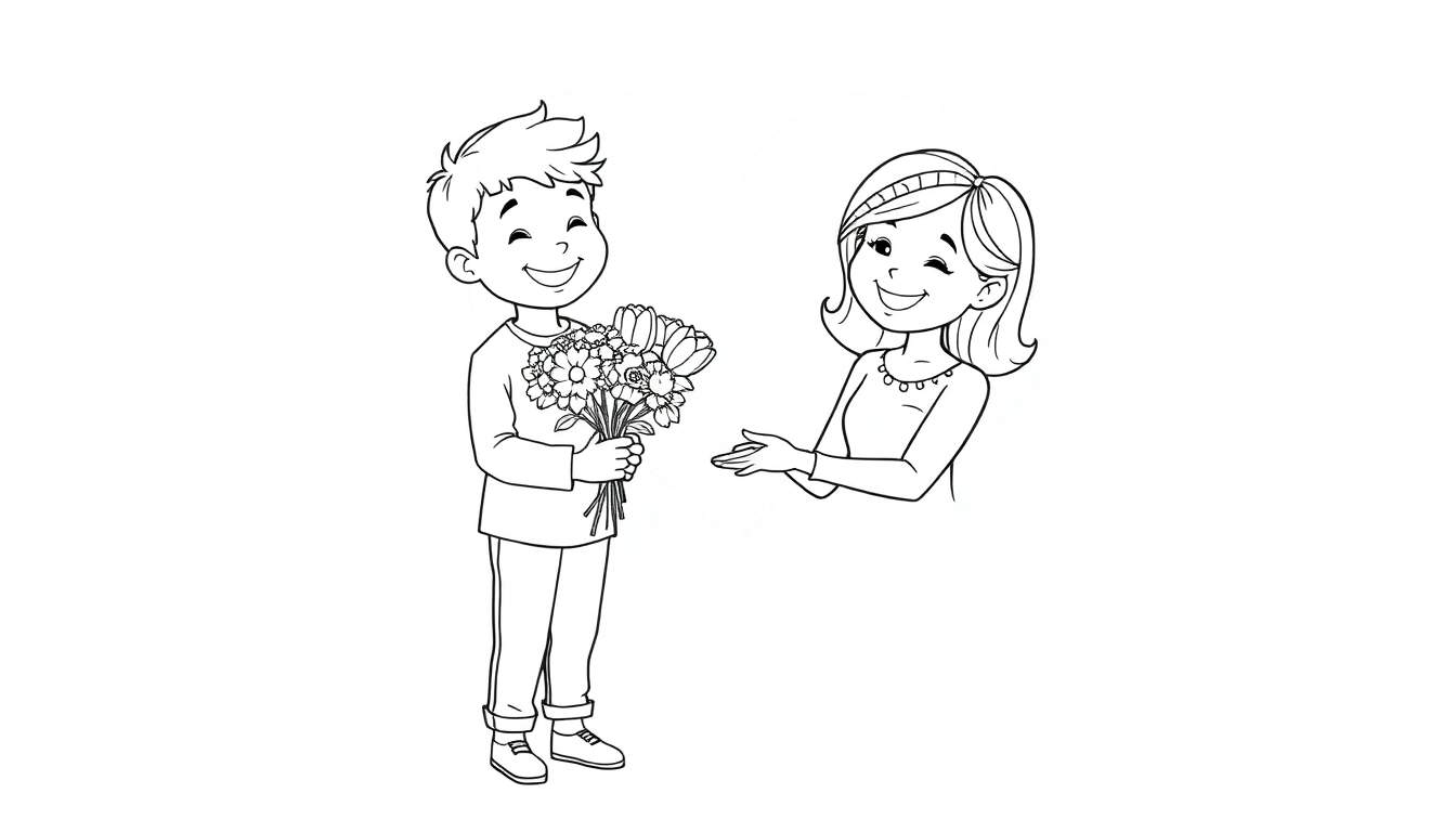 Dessin au trait d'un enfant offrant des fleurs à sa maman pour la fête des mères, avec un grand cœur en arrière-plan. Un color panel pour une page de coloriage.