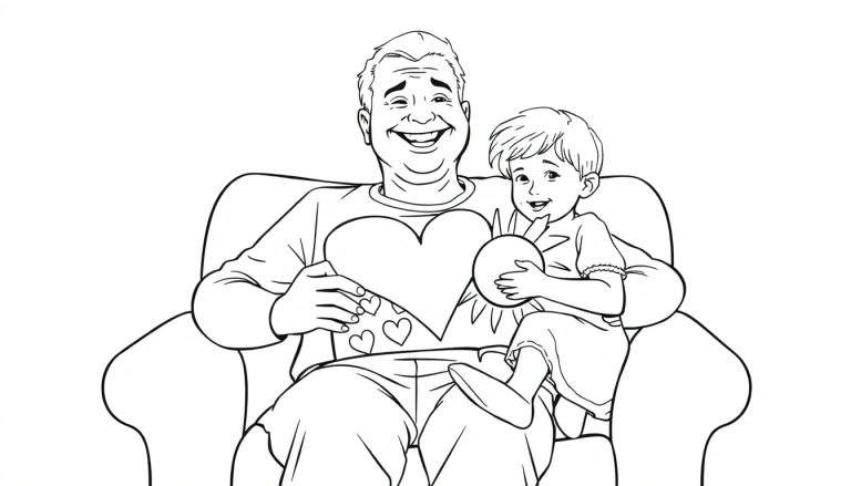 Un grand-père et son petit-enfant se font un câlin dans un fauteuil. Le grand-père tient un cœur en papier et l'enfant un jouet en forme de soleil. Le color panel est prêt à être coloré.