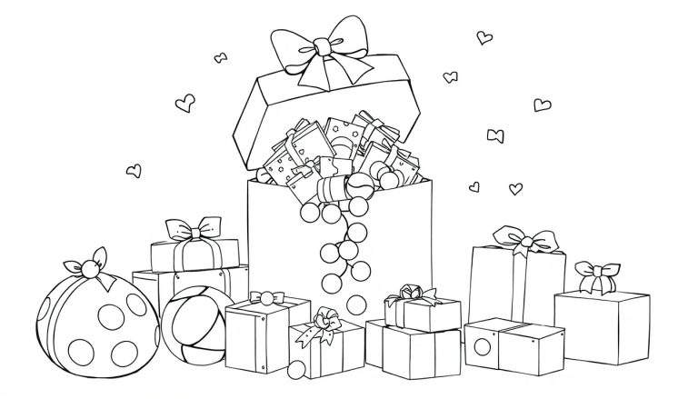 Une composition de cadeaux de fête dessinés en noir et blanc, avec une grande boîte ouverte au centre débordant de présents, entourée de boîtes plus petites, de balles décorées et de cœurs flottants.