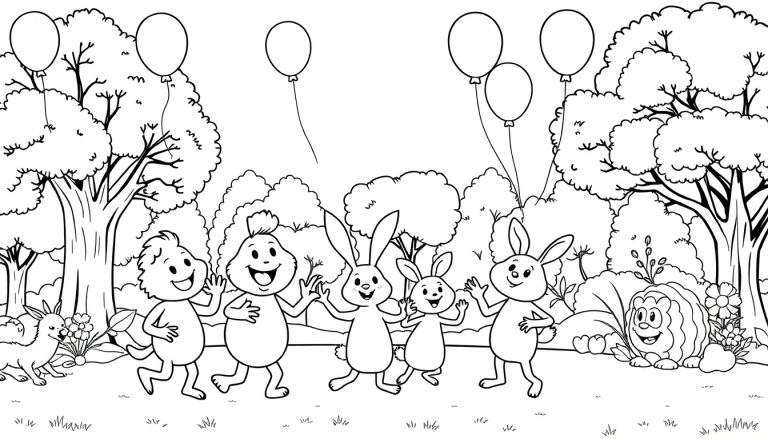 Un groupe d'animaux amicaux se promène et agite les bras dans un parc coloré avec des ballons dans le ciel. Il y a un hérisson et un petit lapin parmi eux.