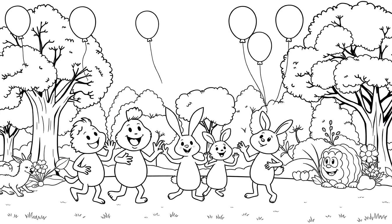 Un groupe d'animaux amicaux se promène et agite les bras dans un parc coloré avec des ballons dans le ciel. Il y a un hérisson et un petit lapin parmi eux.