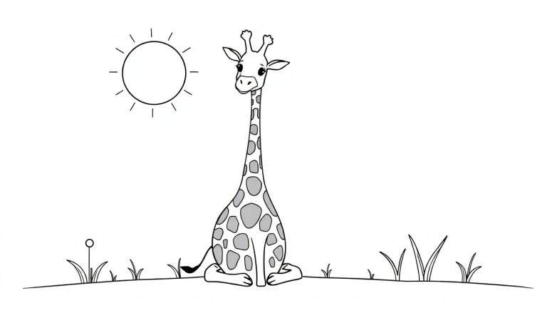Dessin au trait d'une girafe assise sur une colline avec un soleil dans le coin supérieur gauche, prêt pour le color panel.