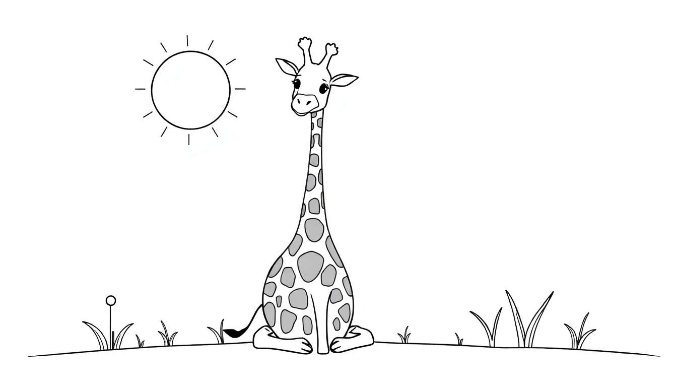 Dessin au trait d'une girafe assise sur une colline avec un soleil dans le coin supérieur gauche, prêt pour le color panel.