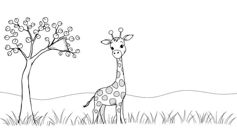 Dessin au trait d'une girafe dans la savane avec un arbre et une colline.