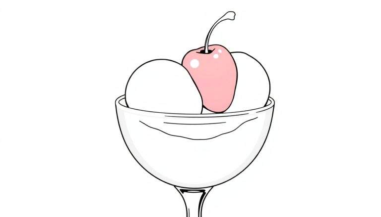 Une illustration simple d'un sundae avec trois boules de crème glacée dans un verre à pied, une cerise sur le dessus et des contours noirs.