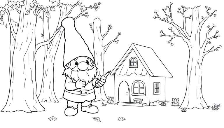 Un gnome tenant un crayon devant sa maison dans les bois, un livre de coloriage pour enfants.