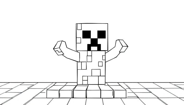 Golem de neige Minecraft dessiné au trait, les bras levés.