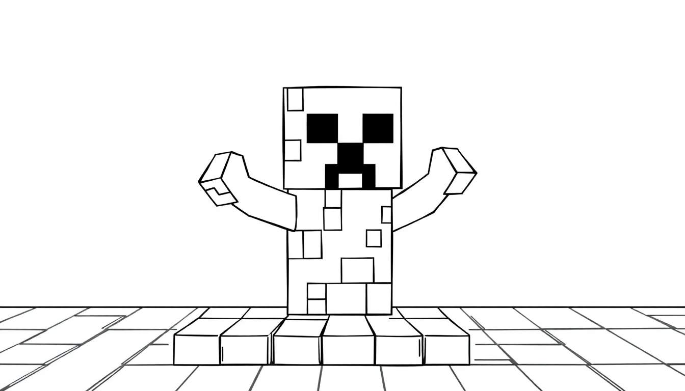 Golem de neige Minecraft dessiné au trait, les bras levés.