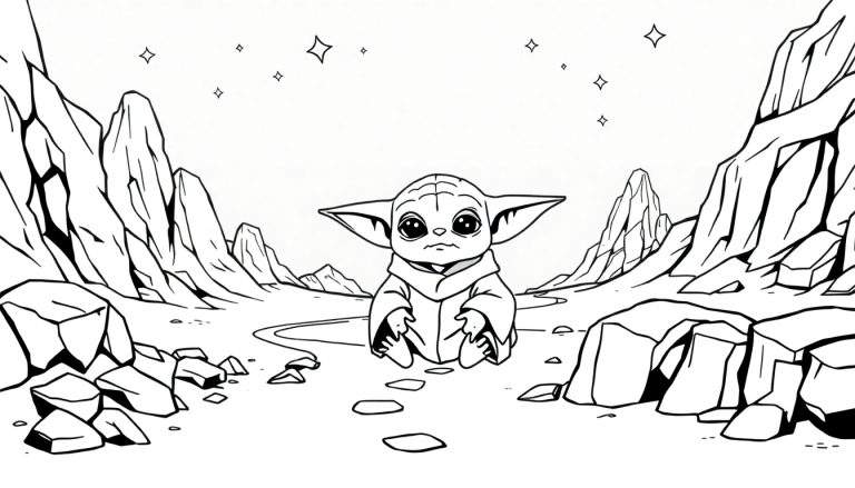 Grogu, le bébé de la Force, assis sur un terrain désertique avec des montagnes en arrière-plan, prêt à être colorié.