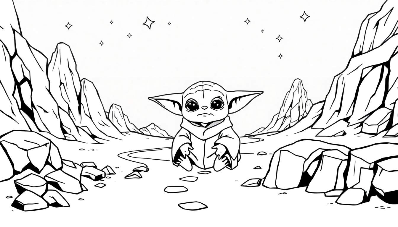 Grogu, le bébé de la Force, assis sur un terrain désertique avec des montagnes en arrière-plan, prêt à être colorié.