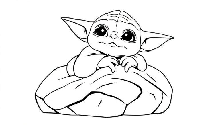 Un dessin au trait de Grogu, assis sur un rocher, prêt pour le color panel.
