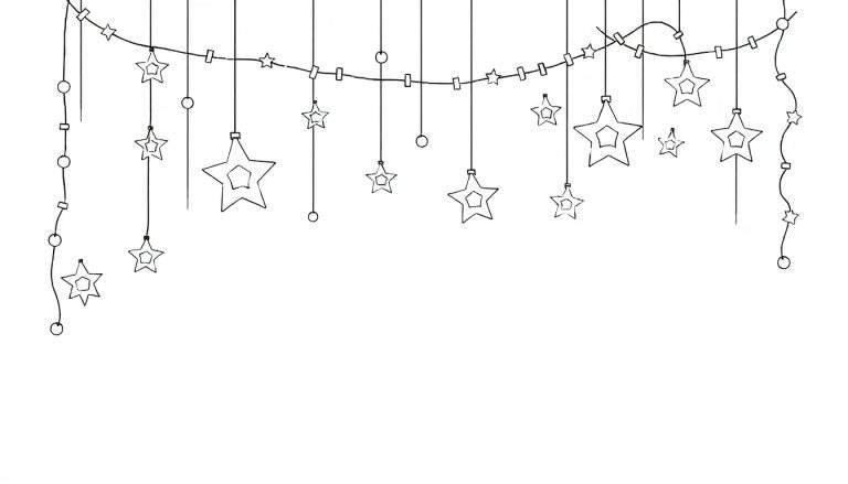Un dessin simple de décorations de Noël, comprenant une guirlande avec des étoiles et des formes rondes, le tout sur un fond blanc.