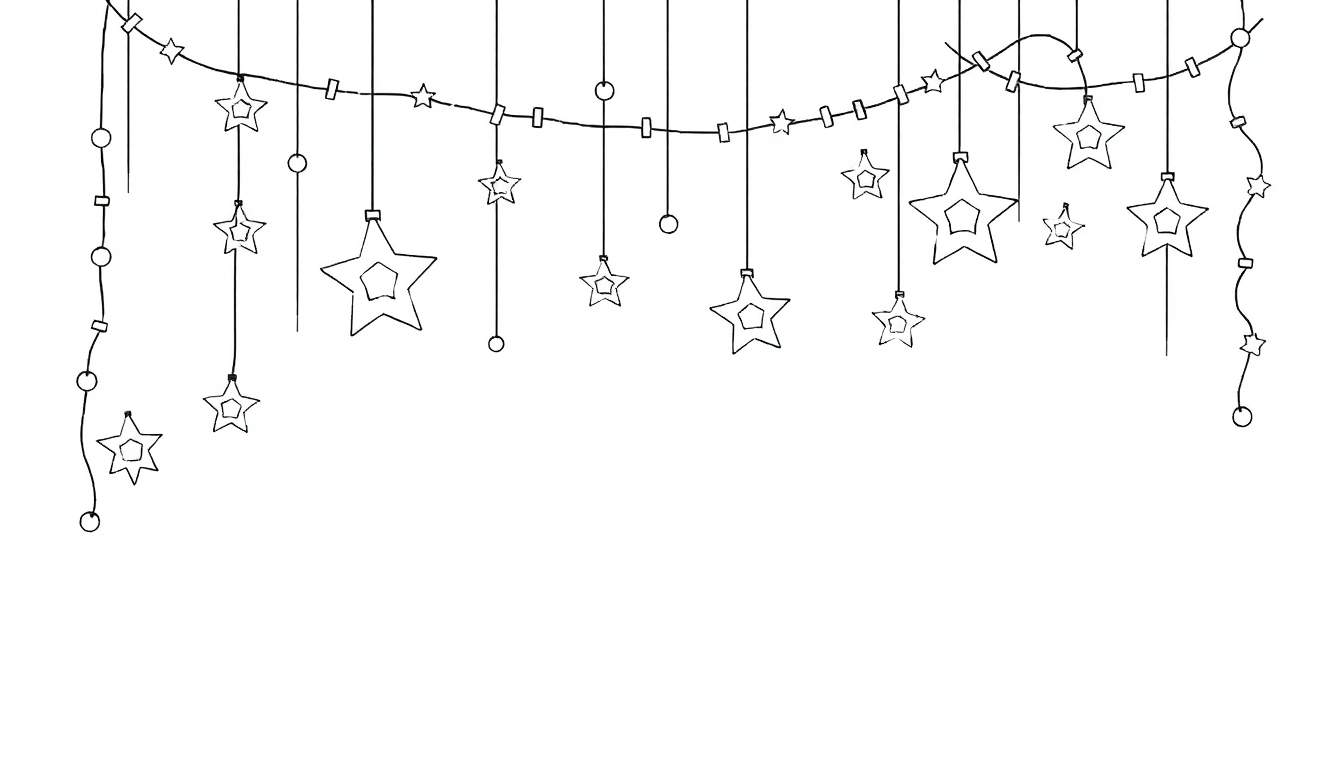 Un dessin simple de décorations de Noël, comprenant une guirlande avec des étoiles et des formes rondes, le tout sur un fond blanc.