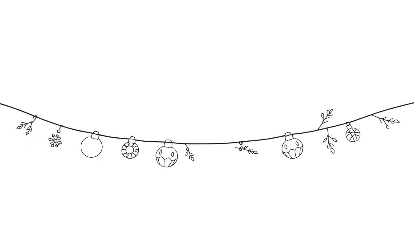 Une guirlande de Noël dessinée au trait avec des boules, un flocon et des branches de sapin sur fond blanc.