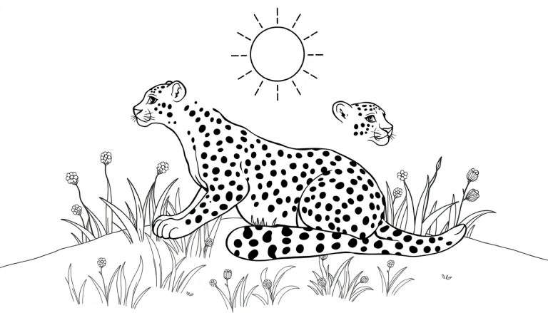 Un guépard couché dans l'herbe avec un petit guépard à côté, sous un soleil rayonnant.