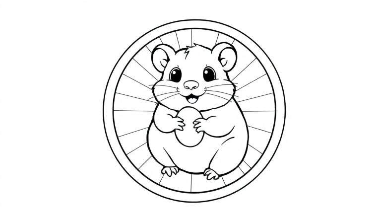 Un hamster heureux dans une roue avec une graine, parfait pour un panneau de coloriage.