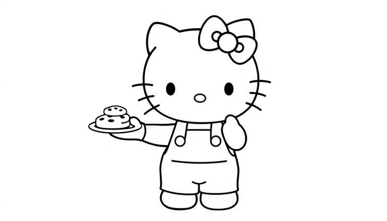 Hello Kitty dessinée au trait, debout et tenant une assiette de biscuits, souriant.