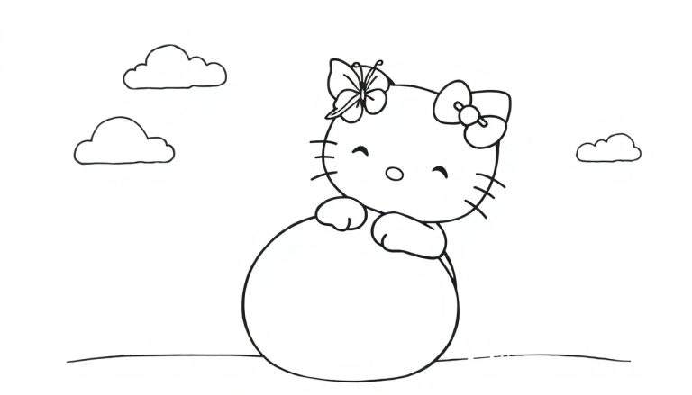 Dessin au trait de Hello Kitty tenant un gros ballon, avec des nuages.