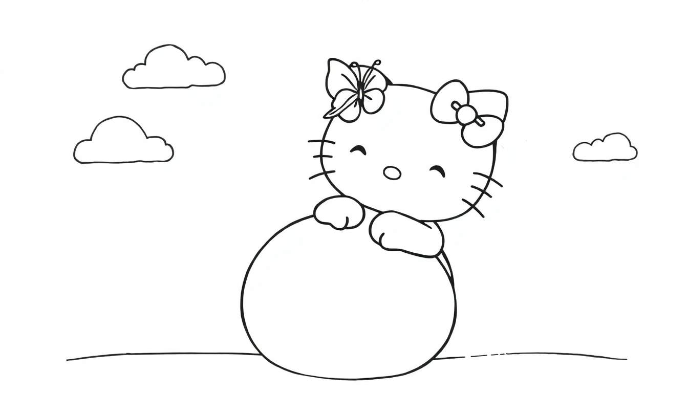 Dessin au trait de Hello Kitty tenant un gros ballon, avec des nuages.