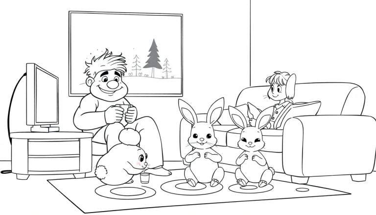 Dessin au trait d'une famille de lapins regardant la télévision, avec un homme assis à côté d'eux et une fille lisant un livre, le tout dans un salon avec un color panel coloré.