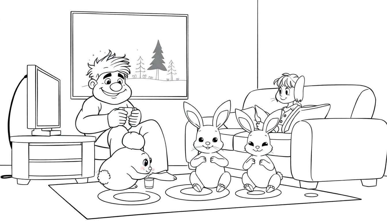 Dessin au trait d'une famille de lapins regardant la télévision, avec un homme assis à côté d'eux et une fille lisant un livre, le tout dans un salon avec un color panel coloré.