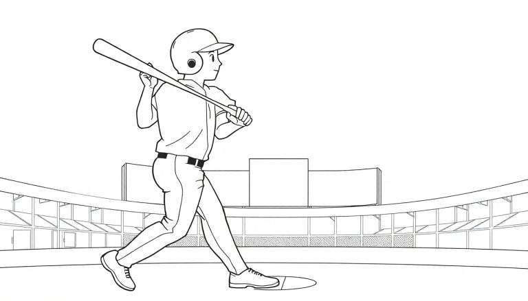 Dessin en noir et blanc d'un joueur de baseball en action, prêt à frapper, avec un stade en arrière-plan.