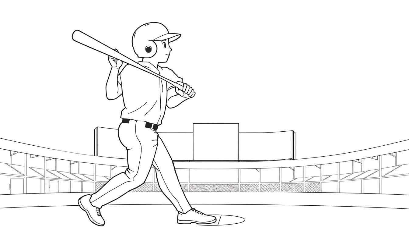 Dessin en noir et blanc d'un joueur de baseball en action, prêt à frapper, avec un stade en arrière-plan.