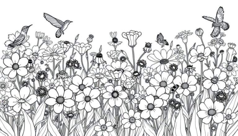 Dessin au trait d'un champ de fleurs sauvages avec des oiseaux et un papillon, prêt à être colorisé.