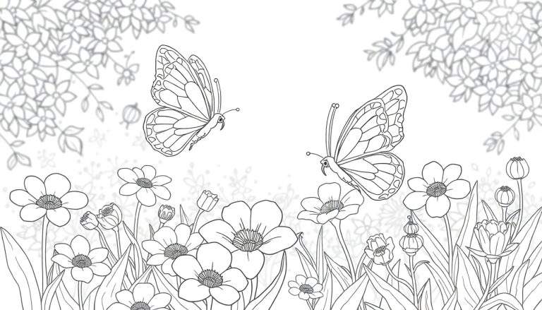 Une page de coloriage en noir et blanc avec des fleurs et des papillons, un color panel.
