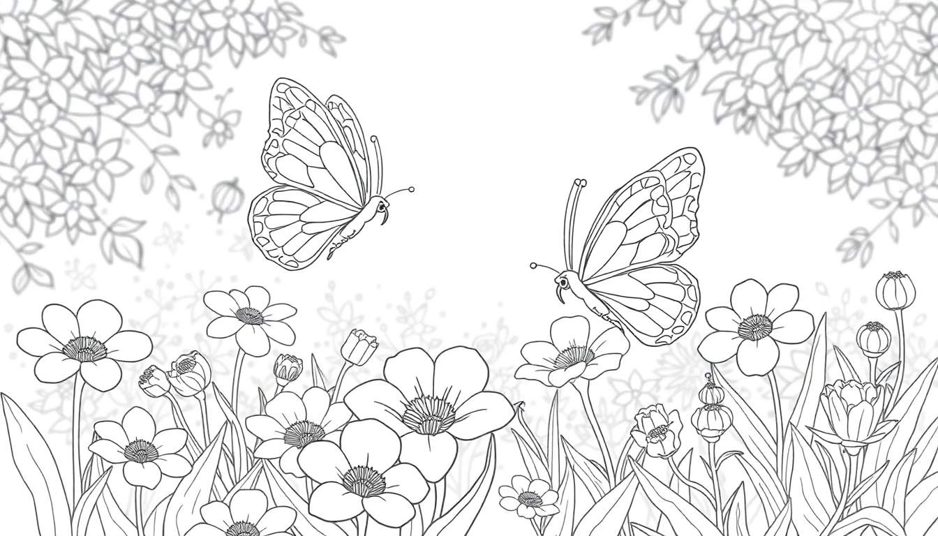 Une page de coloriage en noir et blanc avec des fleurs et des papillons, un color panel.