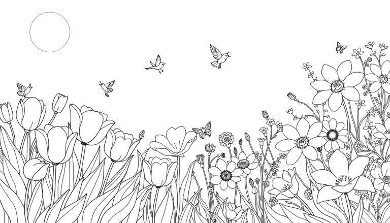 Un paysage de fleurs en noir et blanc avec un soleil ou une lune, des oiseaux et un papillon sur une fleur.