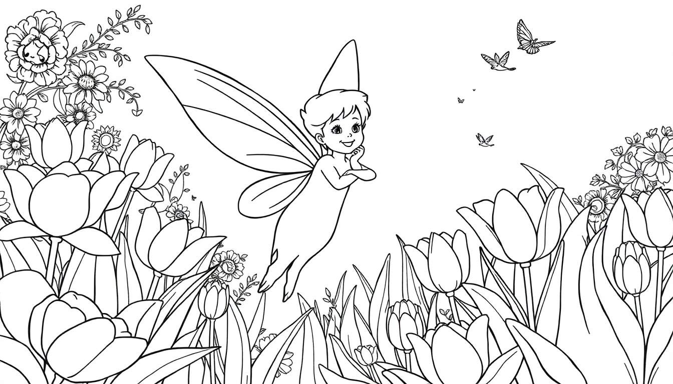 Une petite fée avec des ailes et un chapeau pointu vole au-dessus d'un champ de tulipes avec des papillons dans le ciel.
