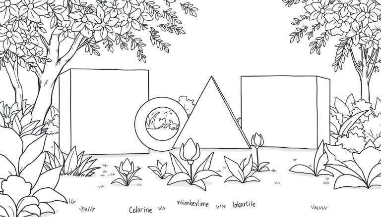 Page de coloriage de jardin avec des tulipes et des formes géométriques.