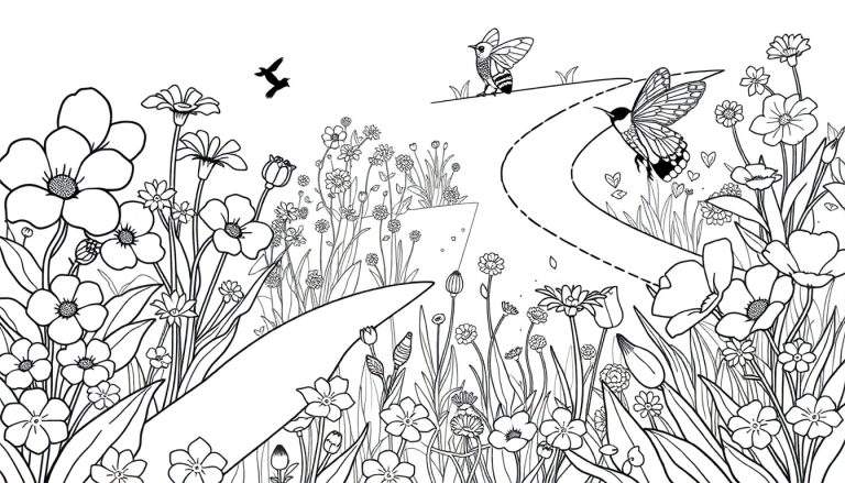 Dessin au trait d'un jardin coloré avec des fleurs et des papillons.