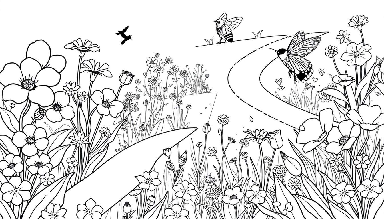 Dessin au trait d'un jardin coloré avec des fleurs et des papillons.
