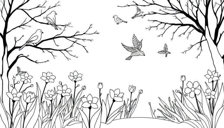 Un dessin au trait d'un champ de fleurs avec des oiseaux sur des branches, parfait pour un color panel.