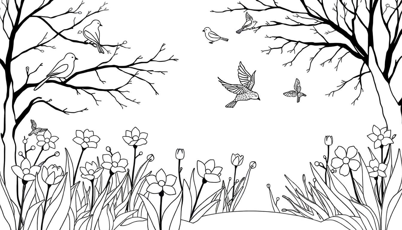 Un dessin au trait d'un champ de fleurs avec des oiseaux sur des branches, parfait pour un color panel.