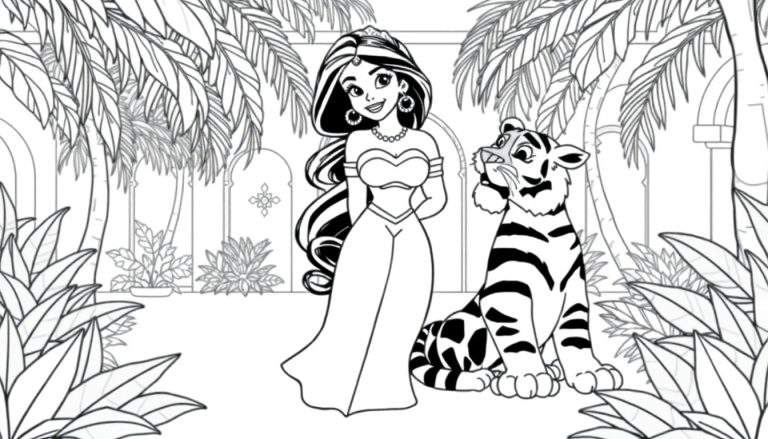 Princesse Jasmine et Rajah dans un jardin, prêt à être colorisé.