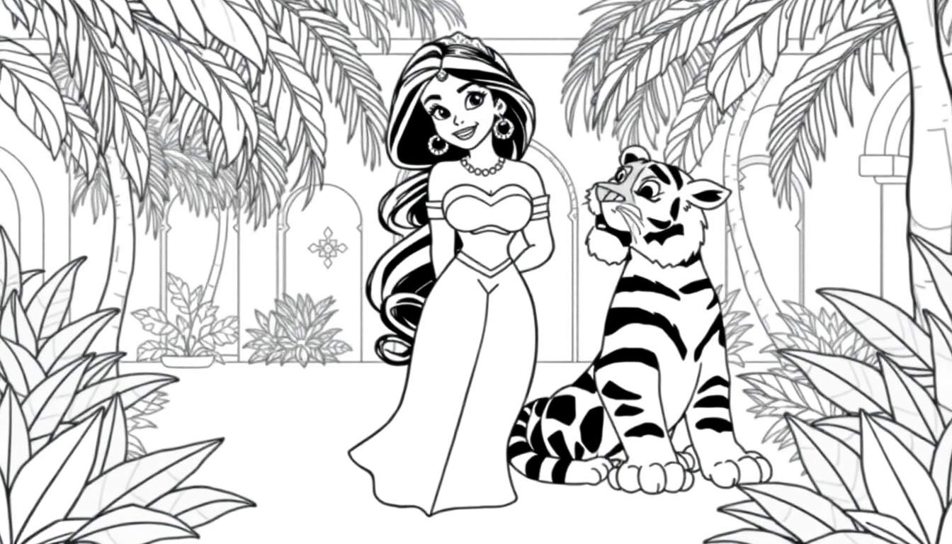 Princesse Jasmine et Rajah dans un jardin, prêt à être colorisé.