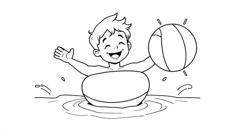 Un garçon joyeux barbotant dans l'eau avec un ballon, style dessin au trait pour un color panel.