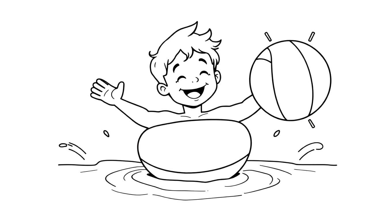 Un garçon joyeux barbotant dans l'eau avec un ballon, style dessin au trait pour un color panel.