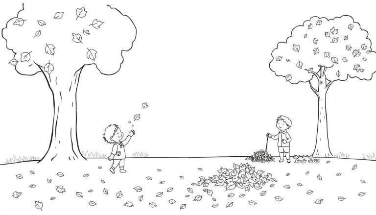 Dessin au trait d'enfants jouant dans des feuilles d'automne, avec un color panel vibrant