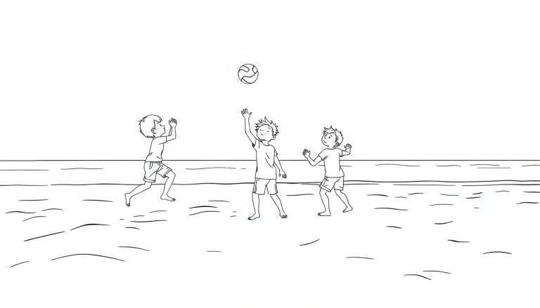 Dessin au trait d'enfants jouant au ballon sur une plage ensoleillée.