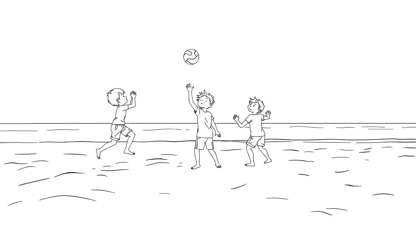 Dessin au trait d'enfants jouant au ballon sur une plage ensoleillée.