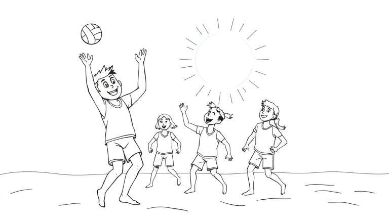 Un dessin au trait d'enfants jouant au volleyball sur la plage avec un color panel à colorier.