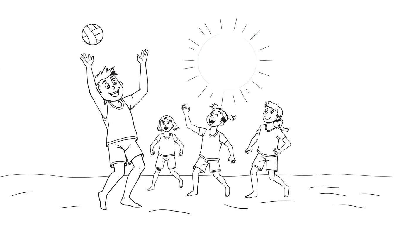 Un dessin au trait d'enfants jouant au volleyball sur la plage avec un color panel à colorier.