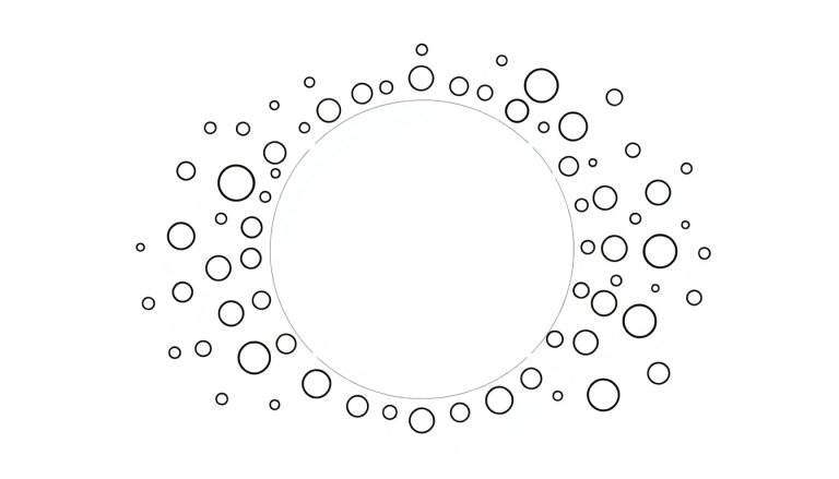 Un cercle blanc central entouré de nombreux cercles noirs de tailles variées sur fond blanc, comme un panneau de couleurs.