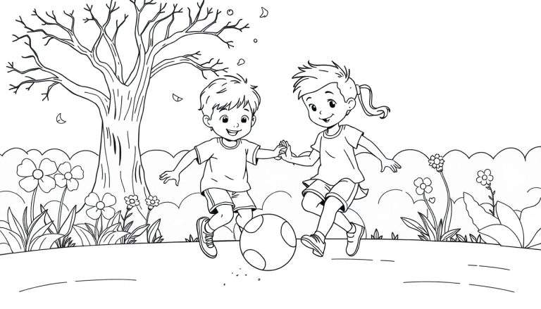 Dessin au trait en noir et blanc d'un garçon et d'une fille se tenant par la main, jouant au football dans un jardin avec un arbre et des fleurs. Panneau de coloriage.