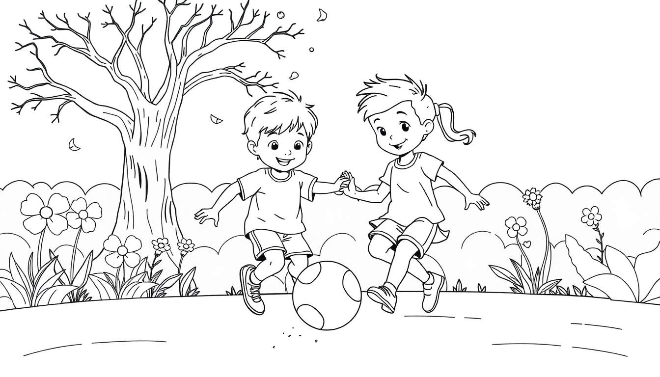 Dessin au trait en noir et blanc d'un garçon et d'une fille se tenant par la main, jouant au football dans un jardin avec un arbre et des fleurs. Panneau de coloriage.