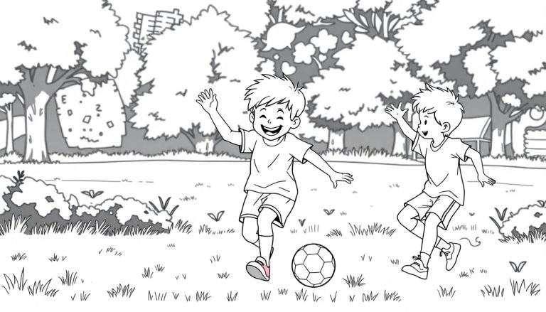Deux garçons jouent au football dans un parc, l'un donnant un coup de pied dans le ballon avec joie.